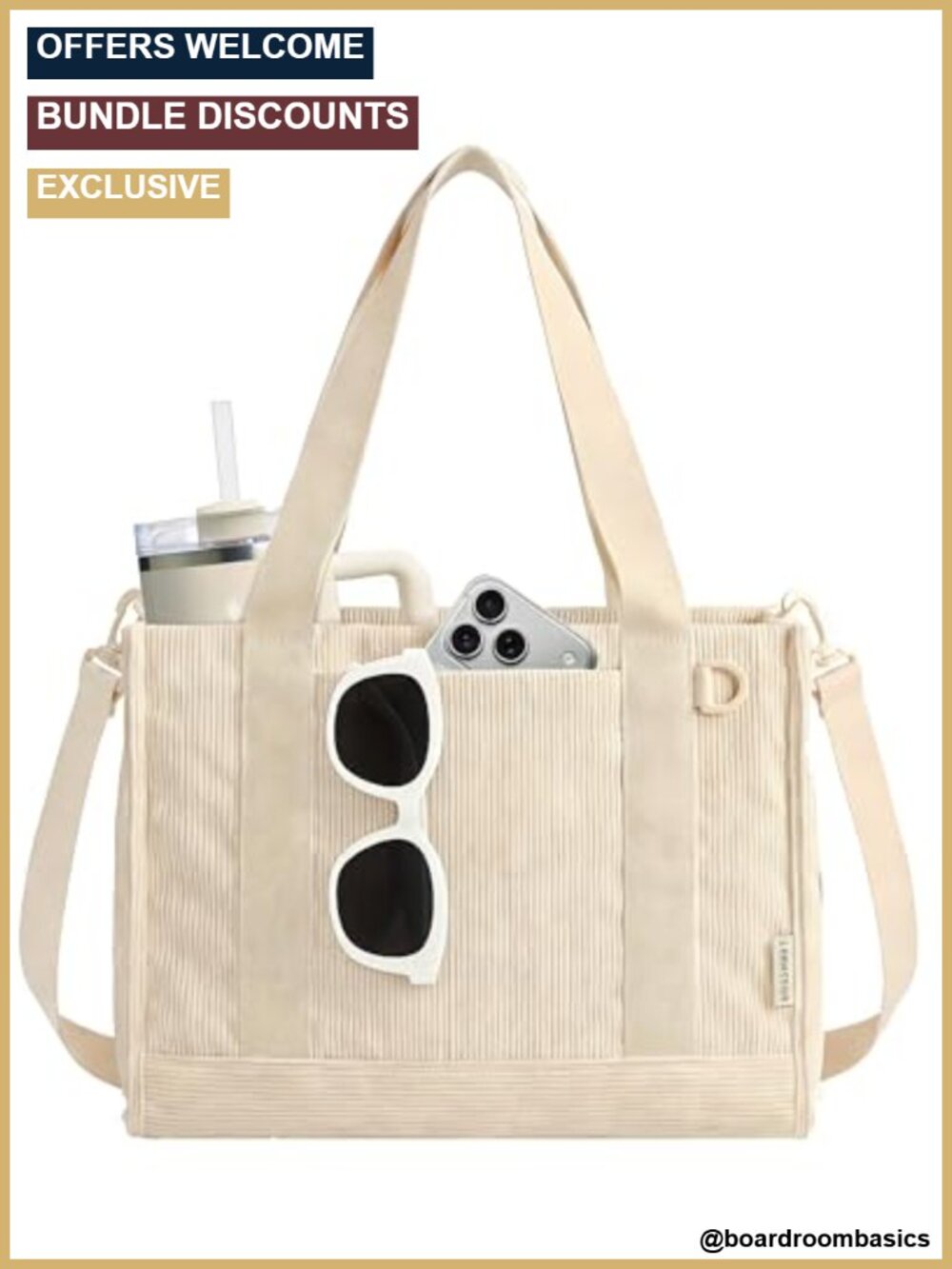 Tote Bag Fits 14" Laptop & 40oz Tumbler, Corduroy Crossbody, Secure Zipper